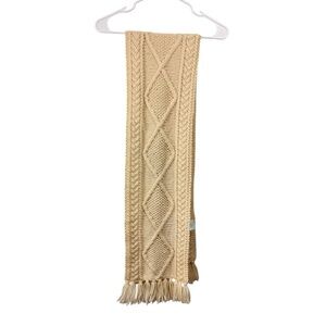 Irish Aran Handknit Scarf Merino Wool Scarf Diamond Cable Knit Ivory Fringe